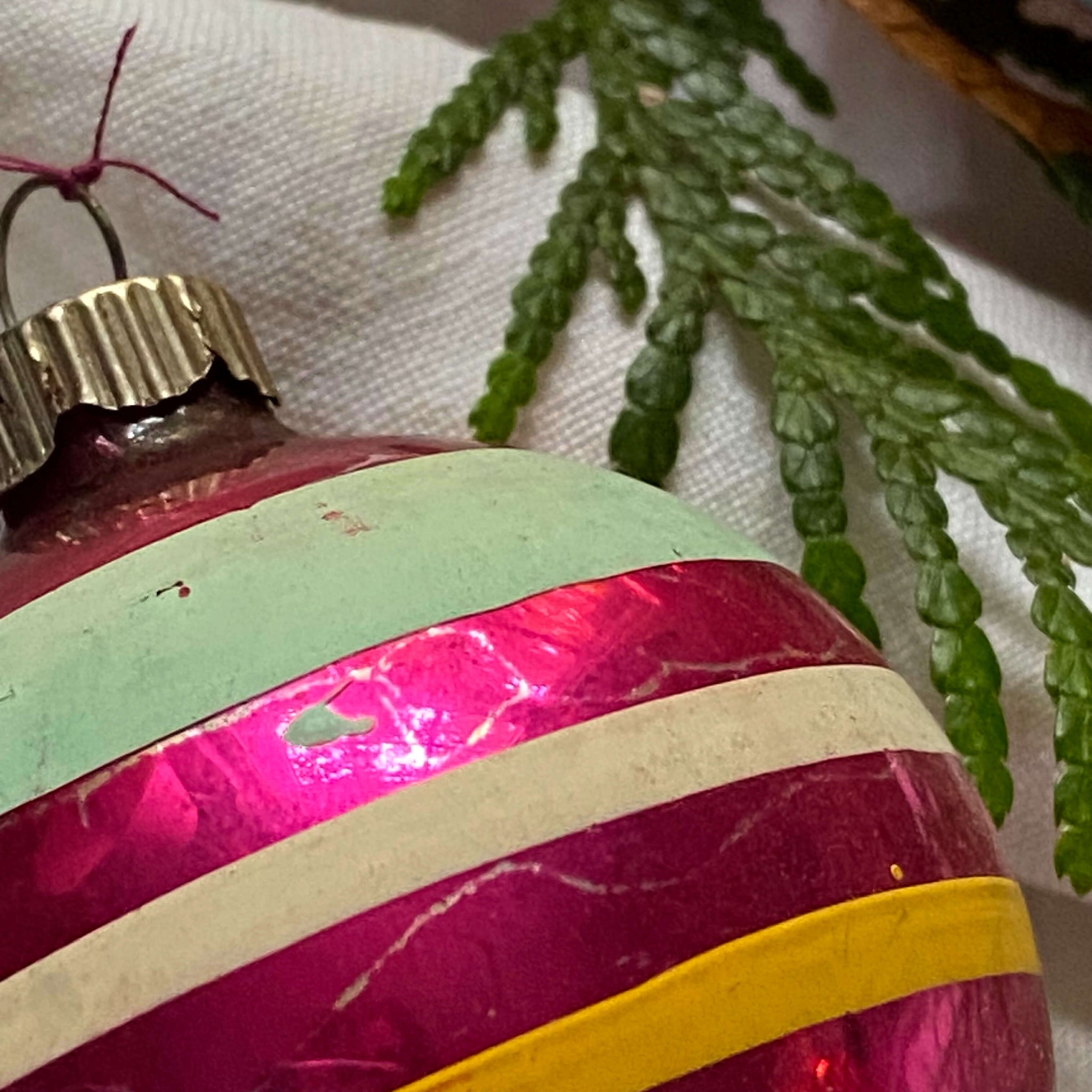 Vintage Shiny Brite Glass Ornaments with Yellow White and Blue Stripes - Set of Three circa 1940s-1950s
