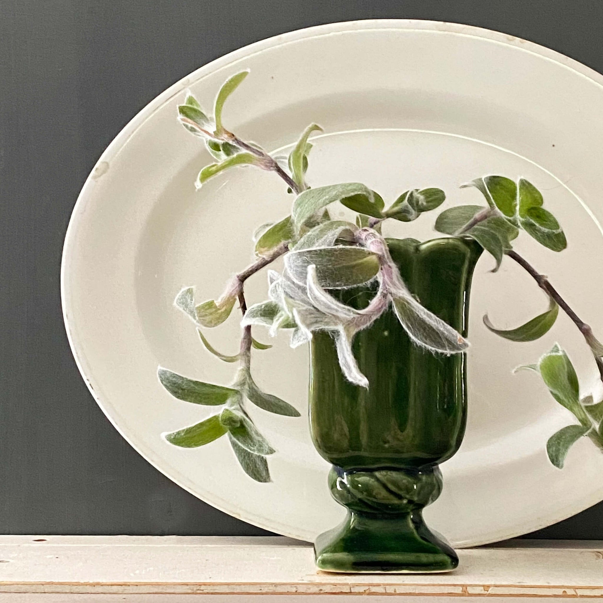 Vintage Midcentury Green Pottery Pedestal Planter
