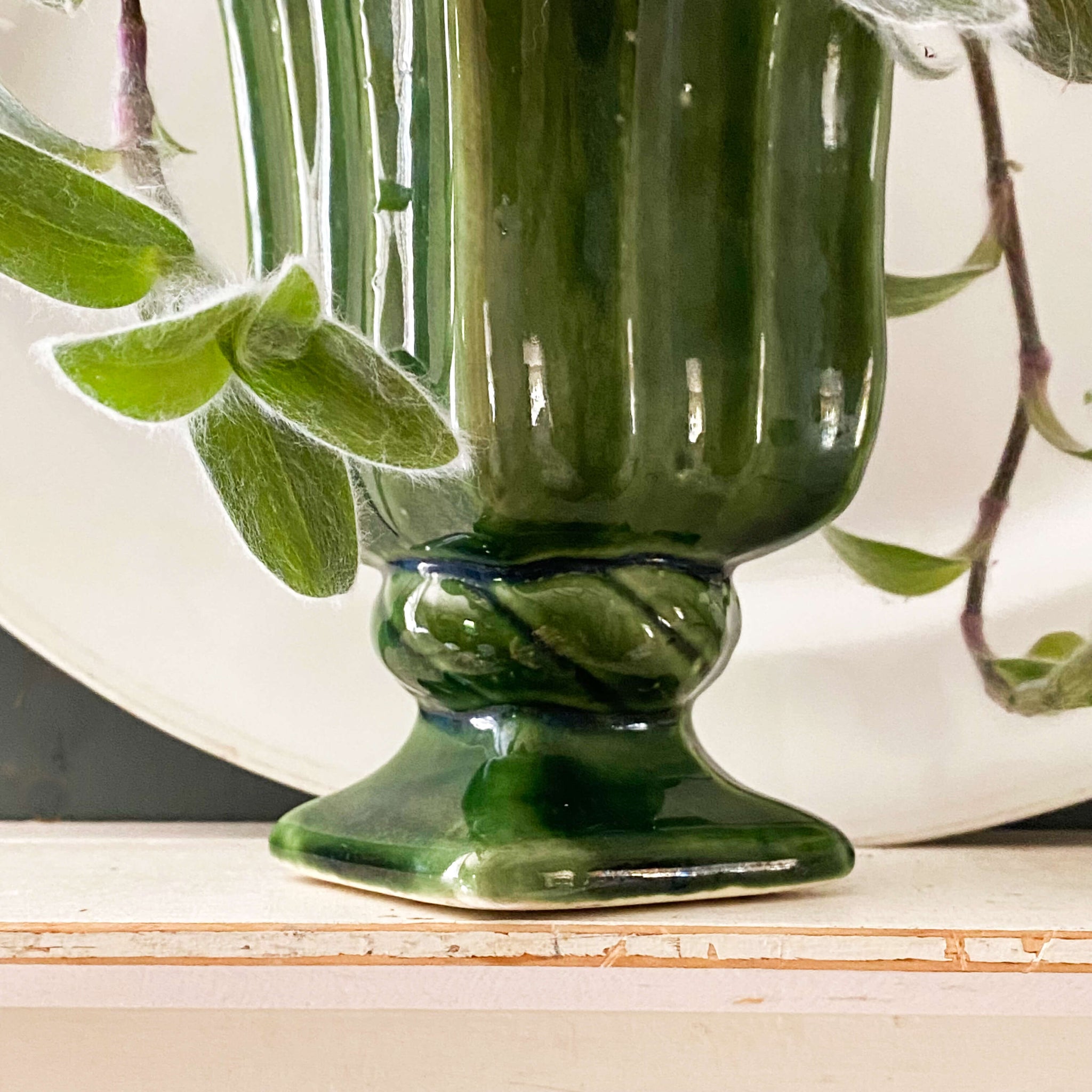 Vintage Midcentury Green Pottery Pedestal Planter