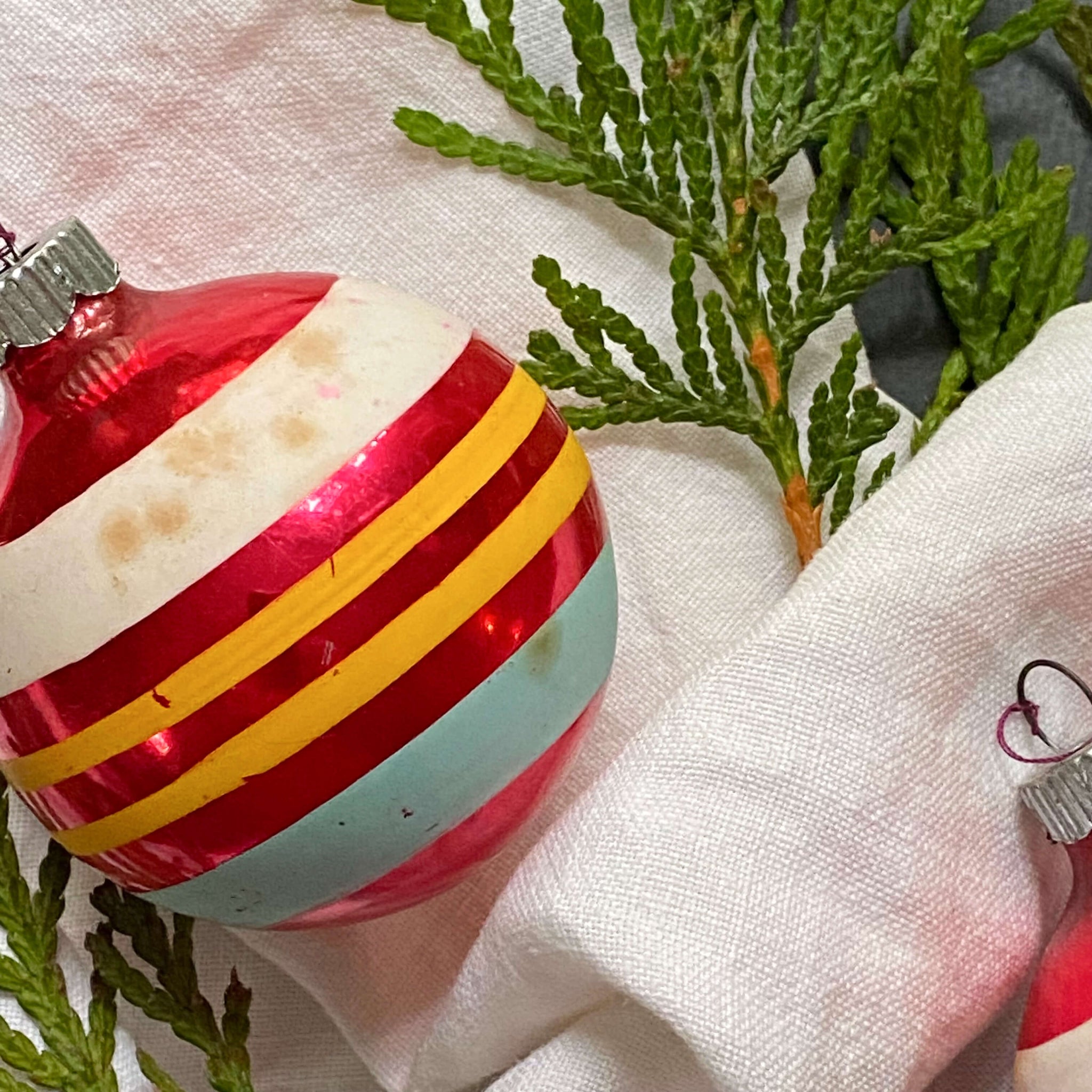 Vintage Shiny Brite Glass Ornaments with Yellow White and Blue Stripes - Set of Three circa 1940s-1950s