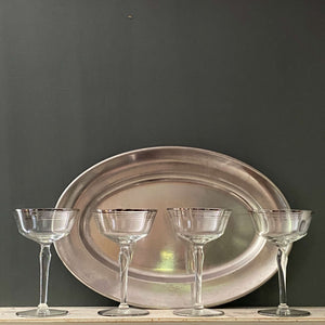 Vintage Tall Midcentury Champagne Coupe Glases with Platinum Stripes - Set-of Four circa 1950s