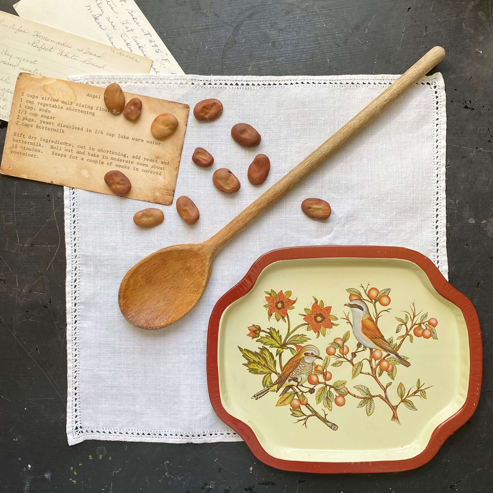 Vintage Mini Metal Bird Tray with Sparrows, Flowers and Fruit