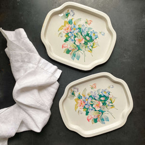 Vintage White Mini Floral Metal Trays - Set of Two Made in Hong Kong circa 1950s-1970s