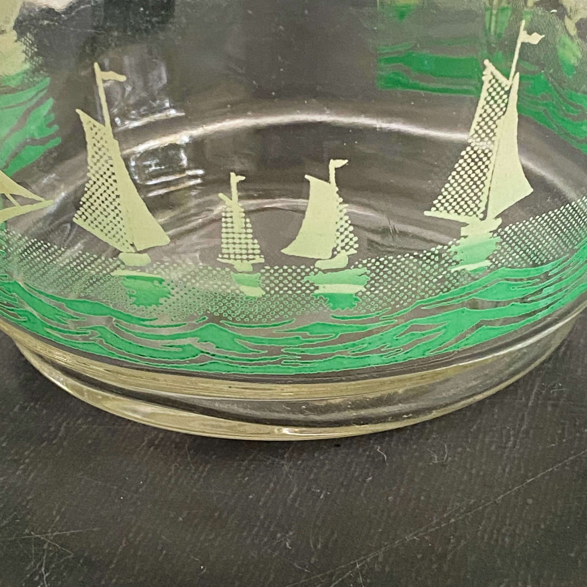 Vintage Clear Glass Sailboat Pitcher with Seagulls circa 1950s-1970s