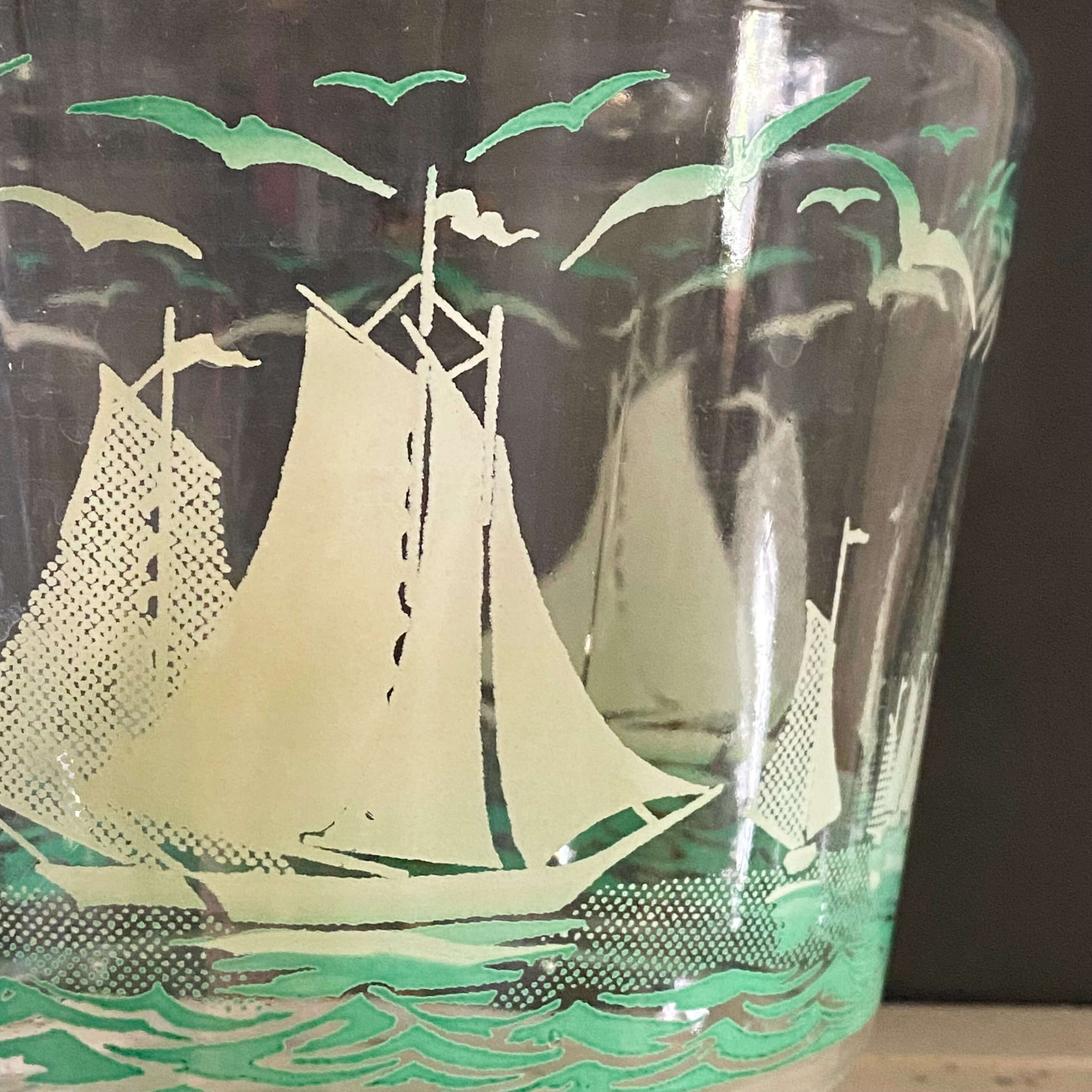 Vintage Clear Glass Sailboat Pitcher with Seagulls circa 1950s-1970s