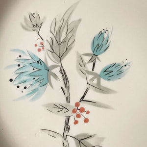 Rare Vintage Midcentury Dinner Plates with Teal Flowers Grey Leaves & Red Berries - Set of Four
