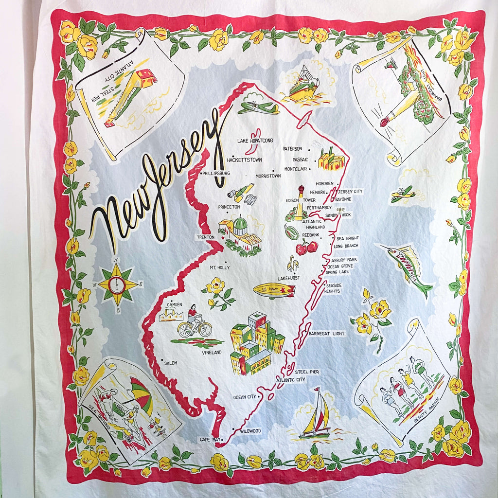 Vintage New Jersey Souvenir Tablecloth circa 1940s-1950s