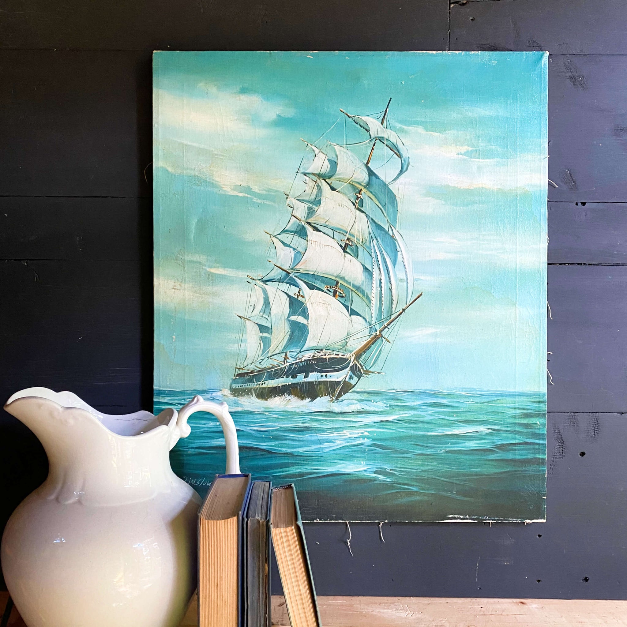 Original Vintage Winslow Clipper Ship Oil Painting on Canvas - 20x24 - Maritime Age of Sail Art