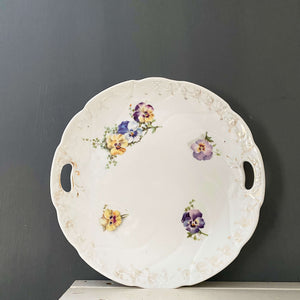 Vintage Pansy Cake Plate with Gold Filigree and Purple and Yellow Pansy Flowers