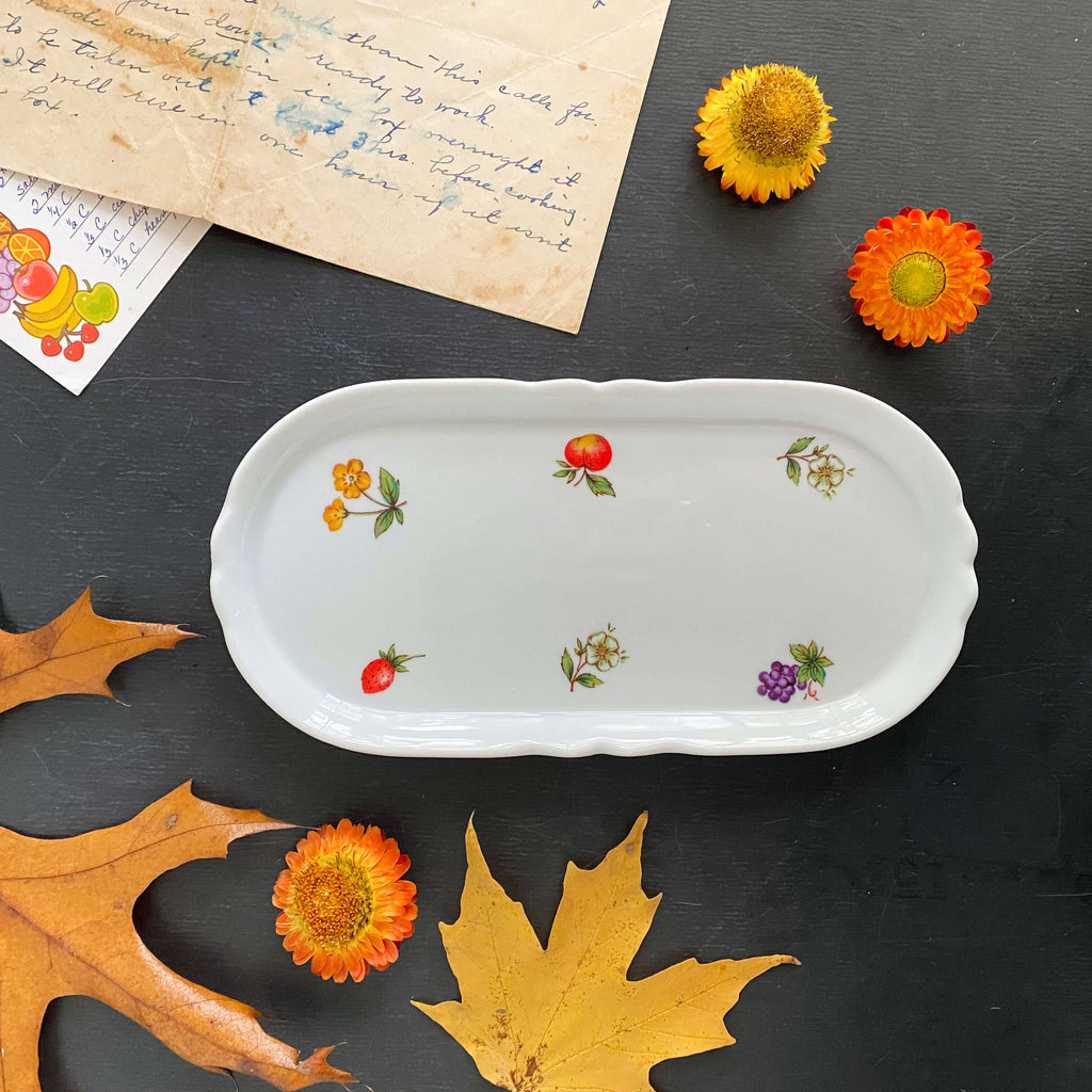 Vintage Porcelain Open Butter Dish - Petite Fruit Pattern by Raintree circa 1984