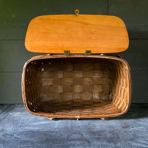 Vintage Large Split Oak Picnic Basket with Brass Latch