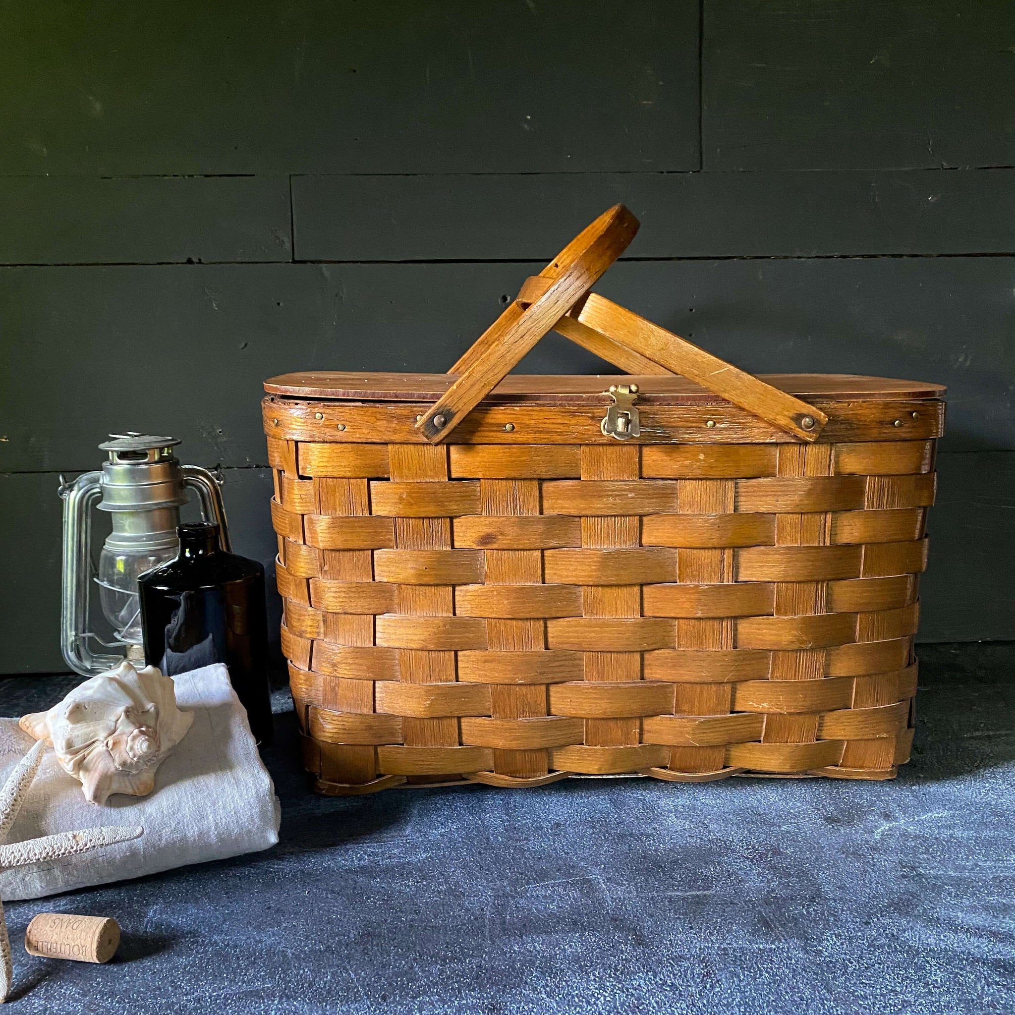 Vintage Large Split Oak Picnic Basket with Brass Latch