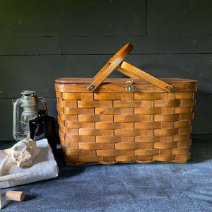 Vintage Large Split Oak Picnic Basket with Brass Latch