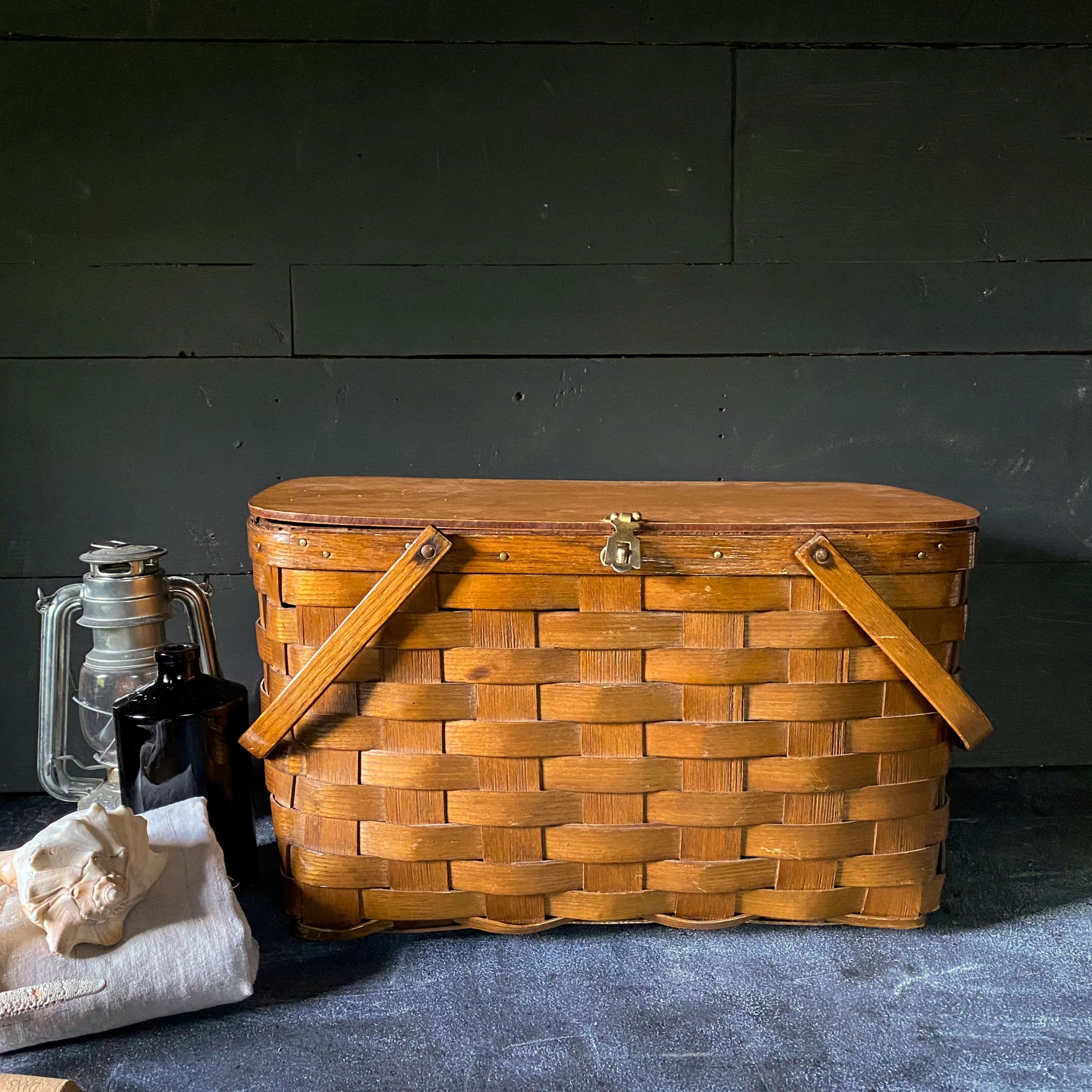 Vintage Large Split Oak Picnic Basket with Brass Latch