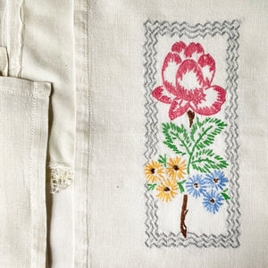 Vintage Hand-Embroidered Linen Tray Liners - Set of Three Floral Mats