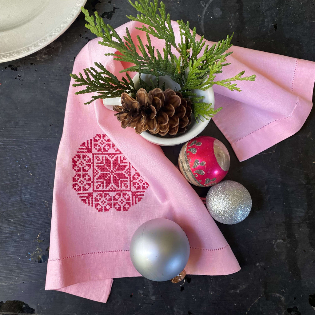 Vintage Pink Linen Tea Towel with Snowflake Cross-Stitch Design