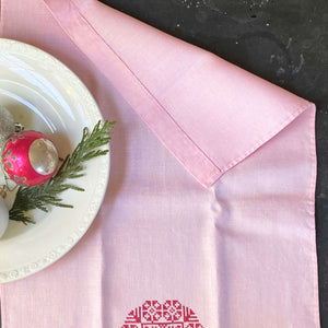 Vintage Pink Linen Tea Towel with Snowflake Cross-Stitch Design