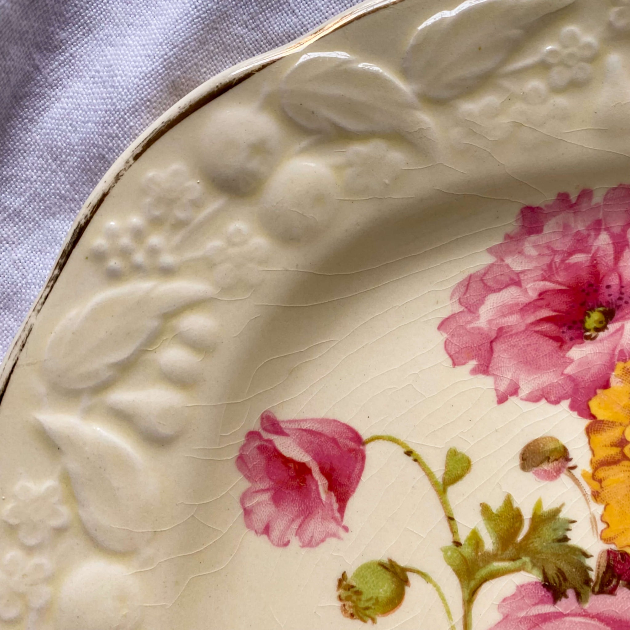 Vintage 1930s Crooksville China Platter - Euclid Pattern -  Pink & Yellow Florals with Embossed Fruit Rim