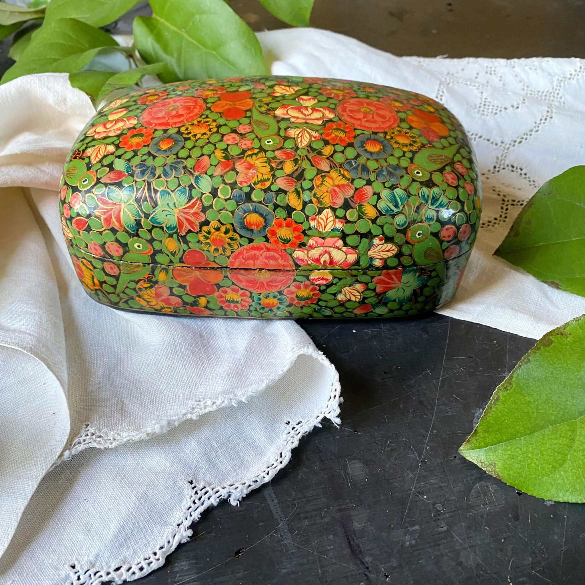 Vintage Hand Painted Paper Mache Box Made in Kashmir by Putumayo