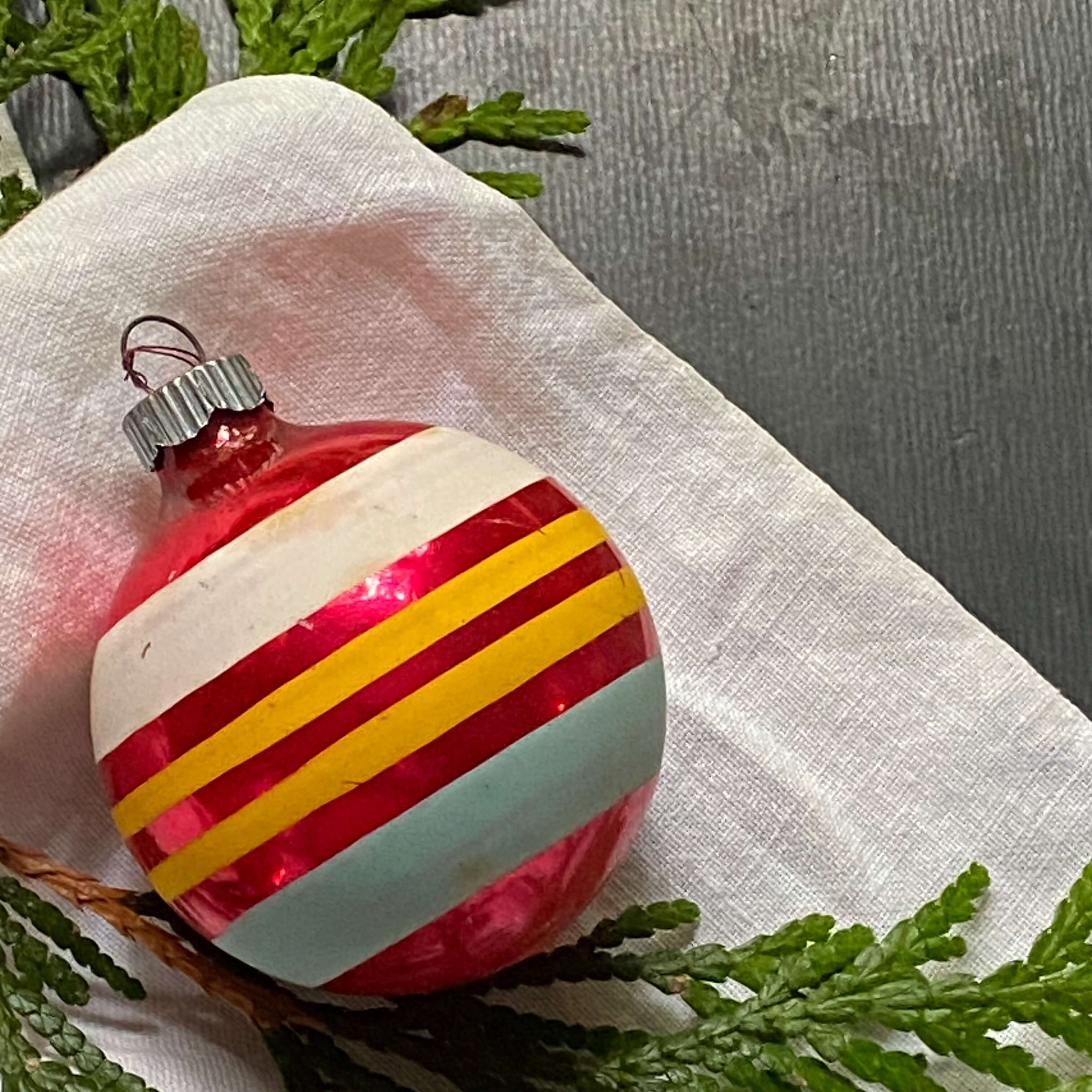 Vintage Shiny Brite Glass Ornaments with Yellow White and Blue Stripes - Set of Three circa 1940s-1950s