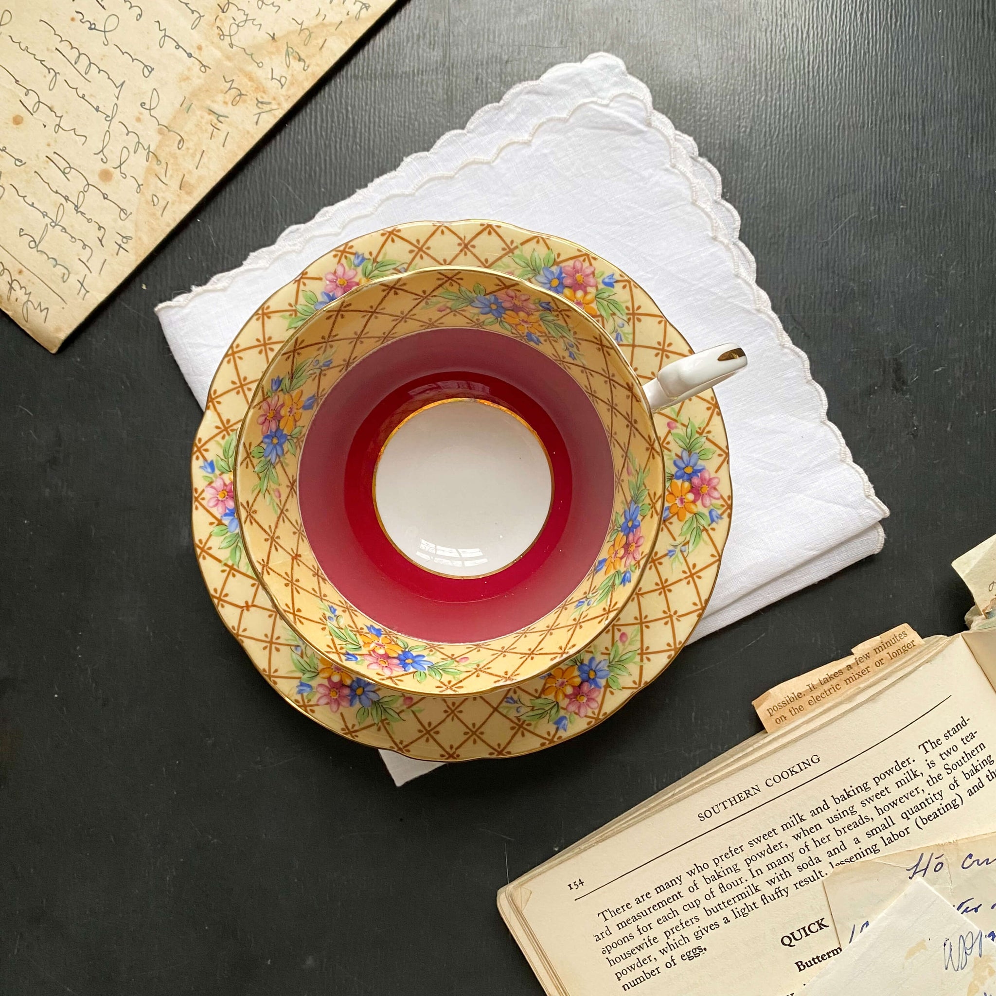Vintage Aynsley Yellow Lattice Cup and Saucer Bone China circa 1934-1950s