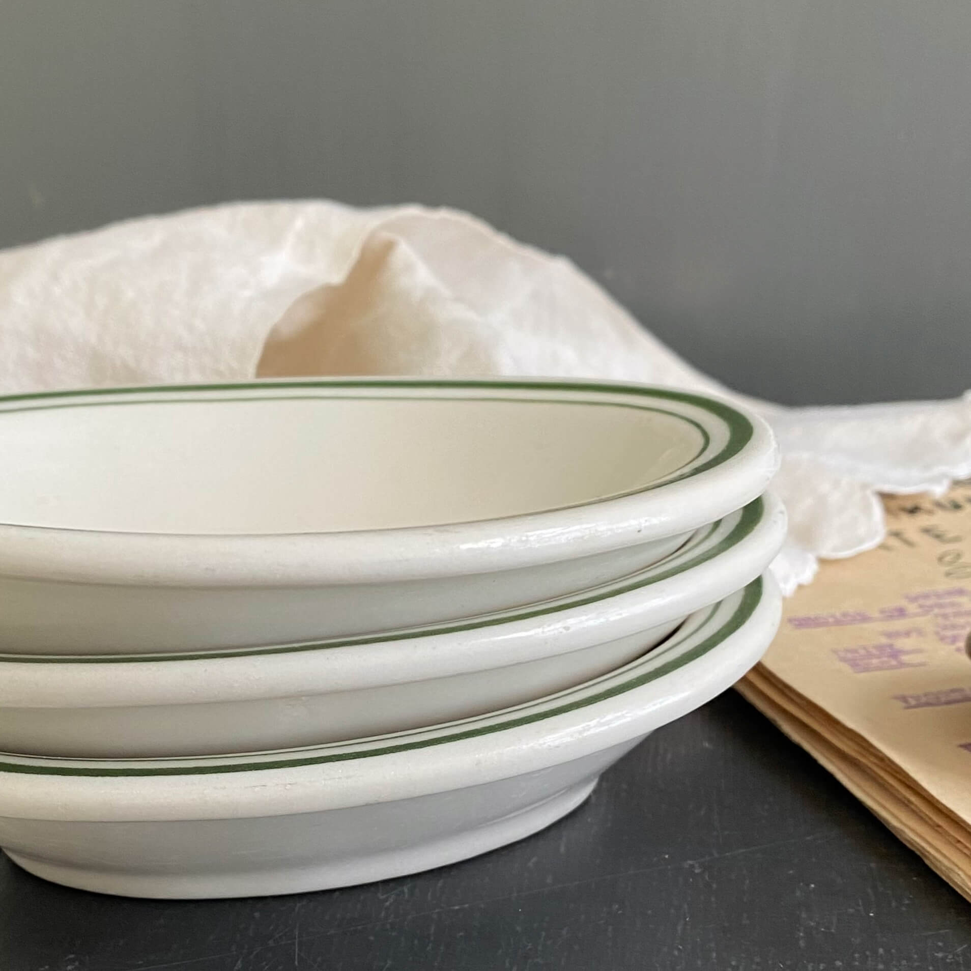 Vintage Buffalo China Green Stripe Restaurant Ware Mini Bakers - Set of Three circa 1950s-1980s