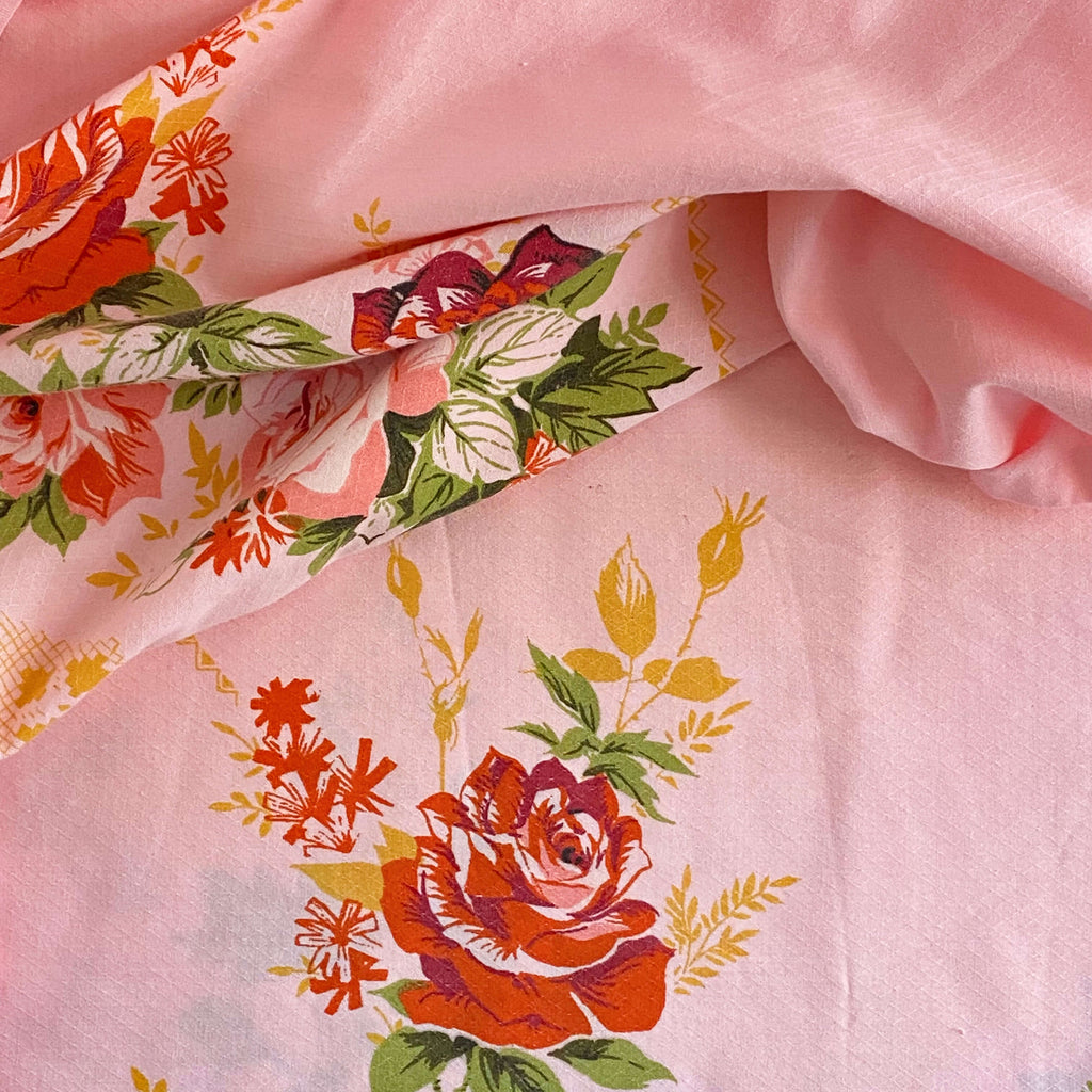 Vintage Large  Pink Floral Cloth 78x88 with Pink and Red Roses