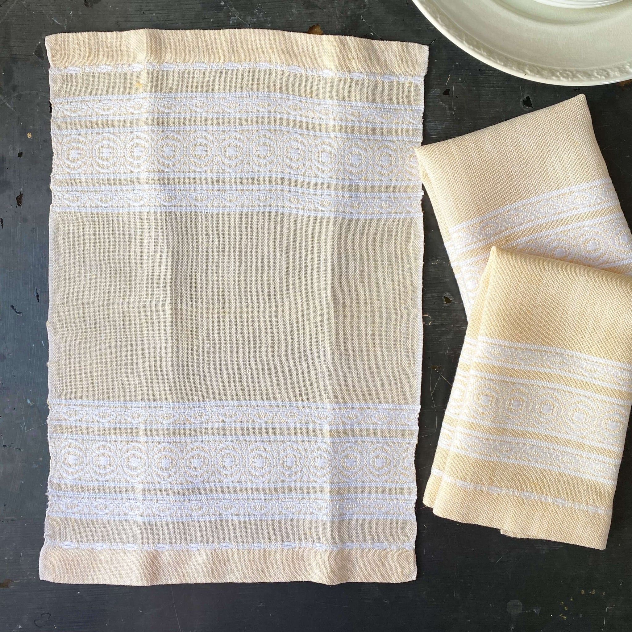 Vintage Rustic Style Pale Yellow Cloth Napkins with Decorative White Stripes - Set of Three
