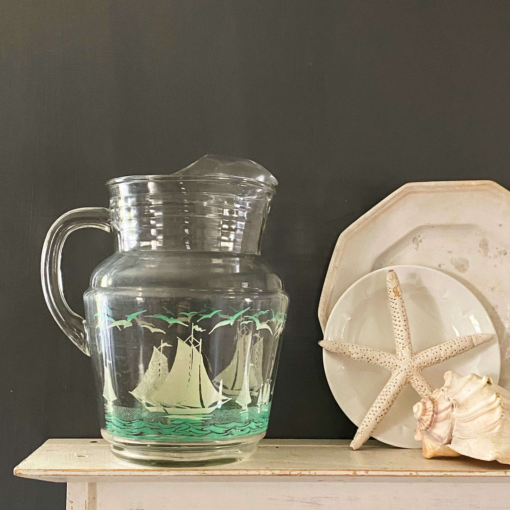 Vintage Clear Glass Sailboat Pitcher with Seagulls circa 1950s-1970s