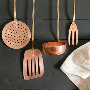 Vintage Set of Four Hanging Copper Kitchen Utensils with Twisted Brass Handles
