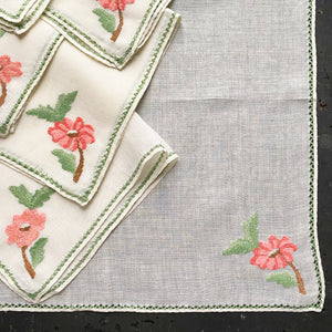 Vintage Embroidered Dinner Napkins with Pink Flowers - Set of Six