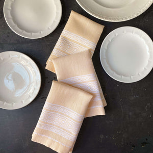 Vintage Rustic Style Pale Yellow Cloth Napkins with Decorative White Stripes - Set of Three