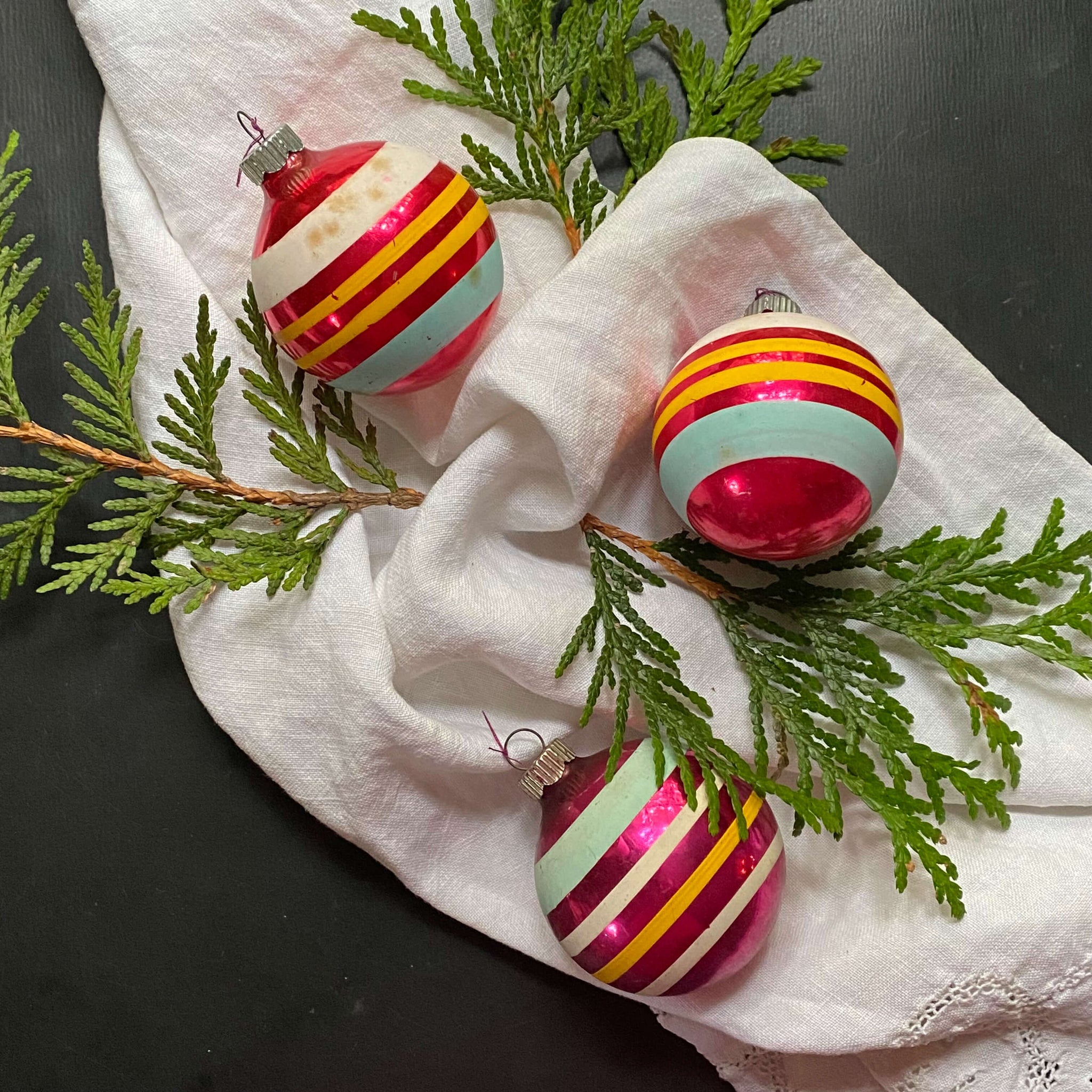 Vintage Shiny Brite Glass Ornaments with Yellow White and Blue Stripes - Set of Three circa 1940s-1950s