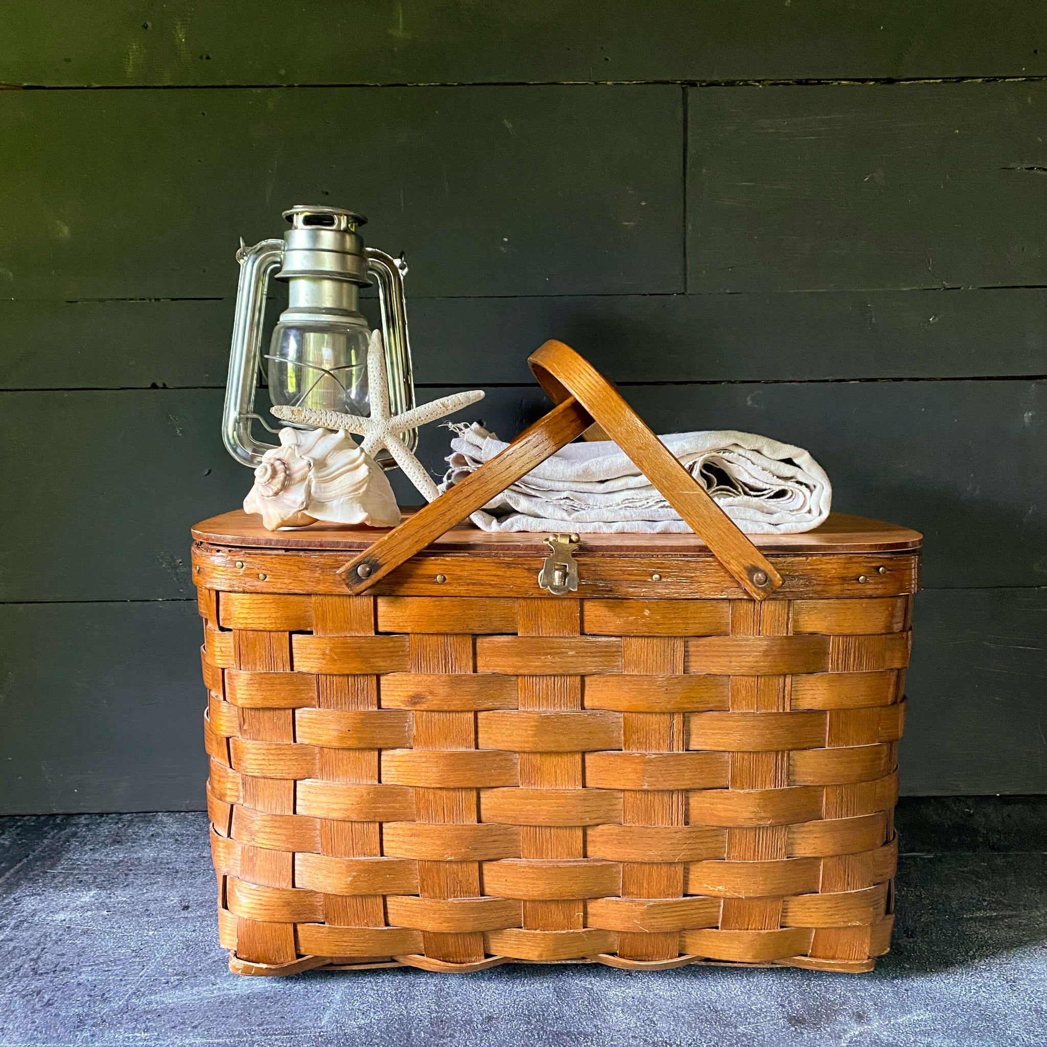 Vintage Large Split Oak Picnic Basket with Brass Latch