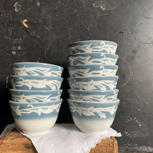 Vintage Sterling Restaurant Ware Soup Cups with Blue Airbrushed Design circa 1970