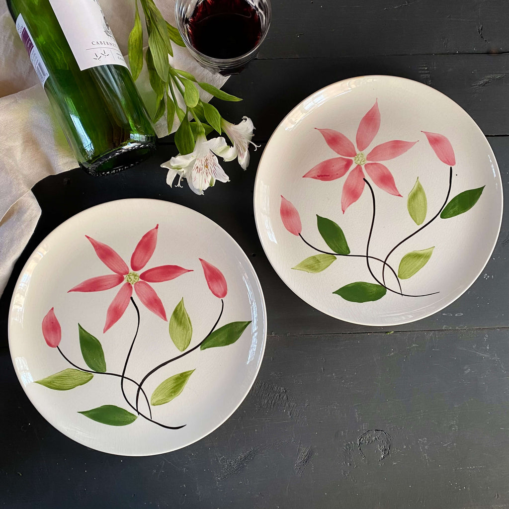 Vintage 1950s Joy Dinner Plates by Stetson - Set of Two - Hand Painted Pink Flowers  circa 1955