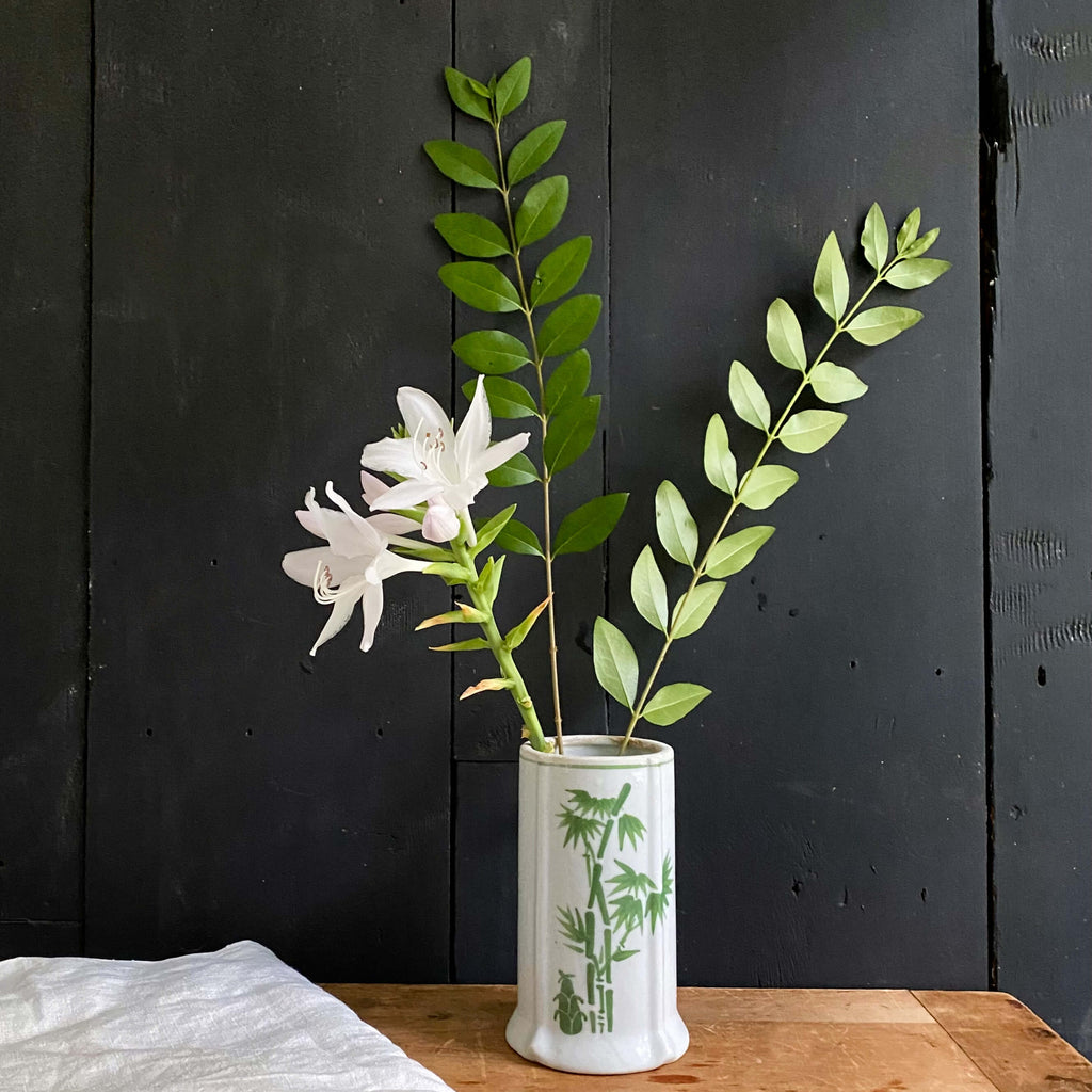 Vintage Ironstone Vase Planter with Green Bamboo Shoot Pattern circa 1990s