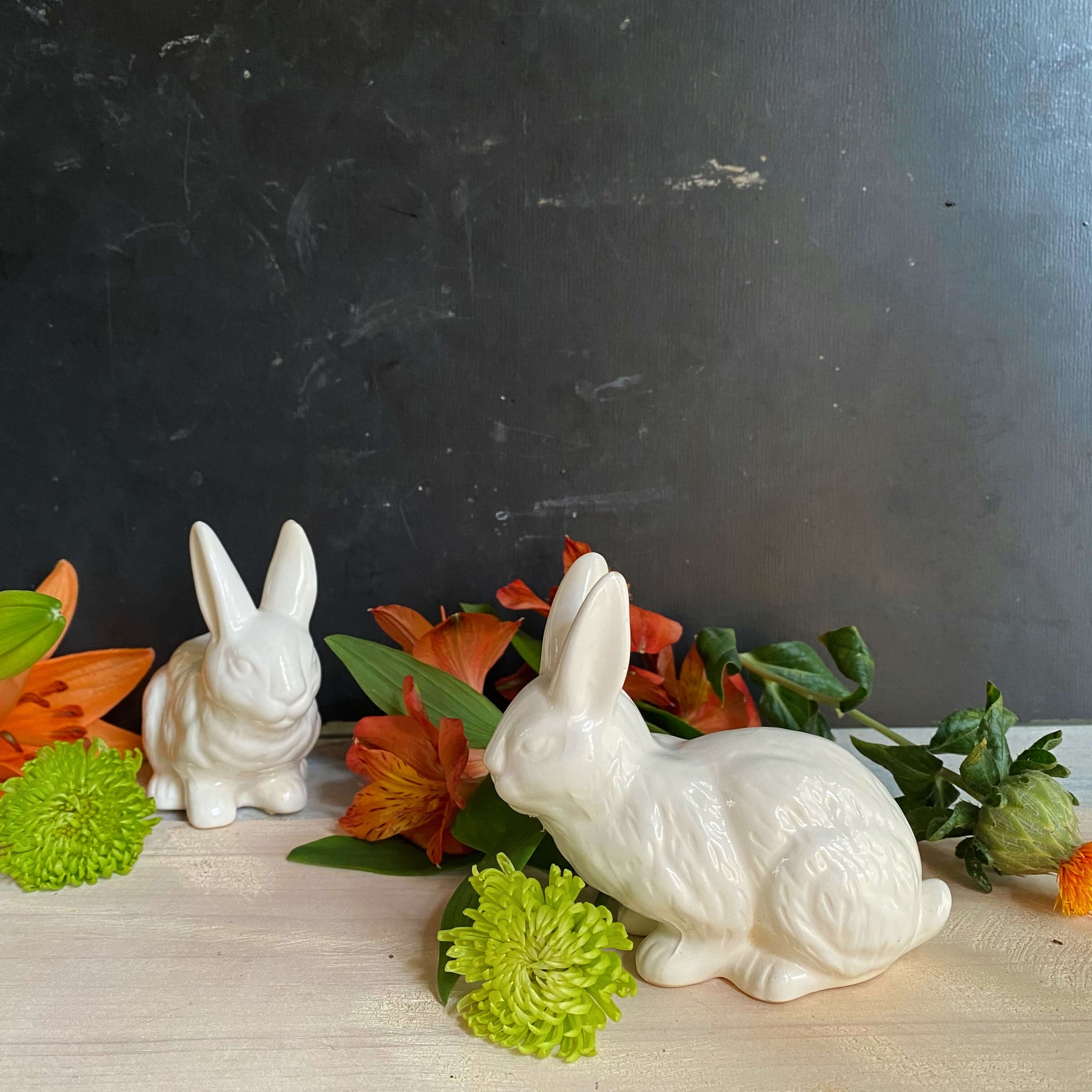 Vintage Pair of Ceramic White Bunny Rabbits by Midwest Taiwan circa 1980s-1990s