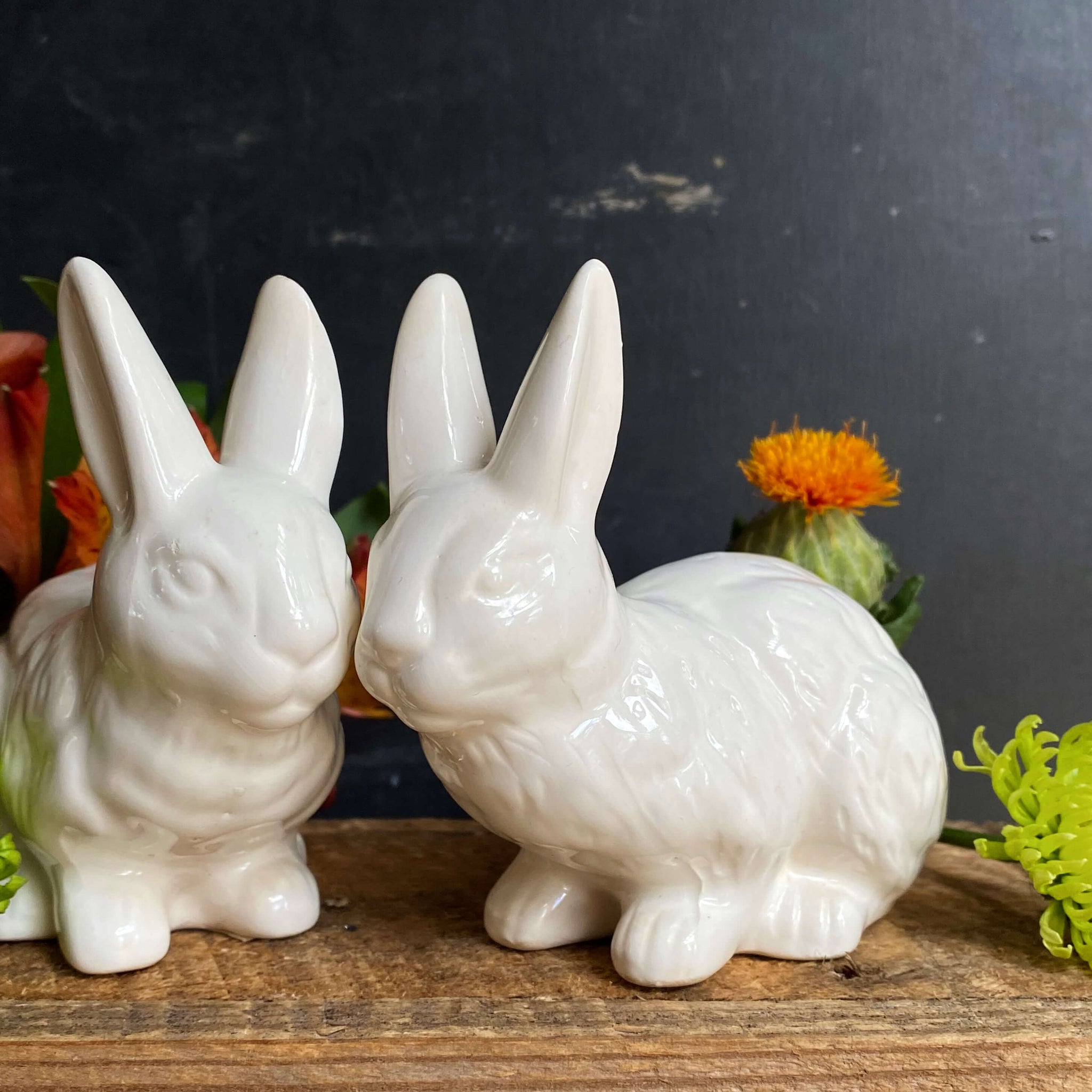 Vintage Pair of Ceramic White Bunny Rabbits by Midwest Taiwan circa 1980s-1990s