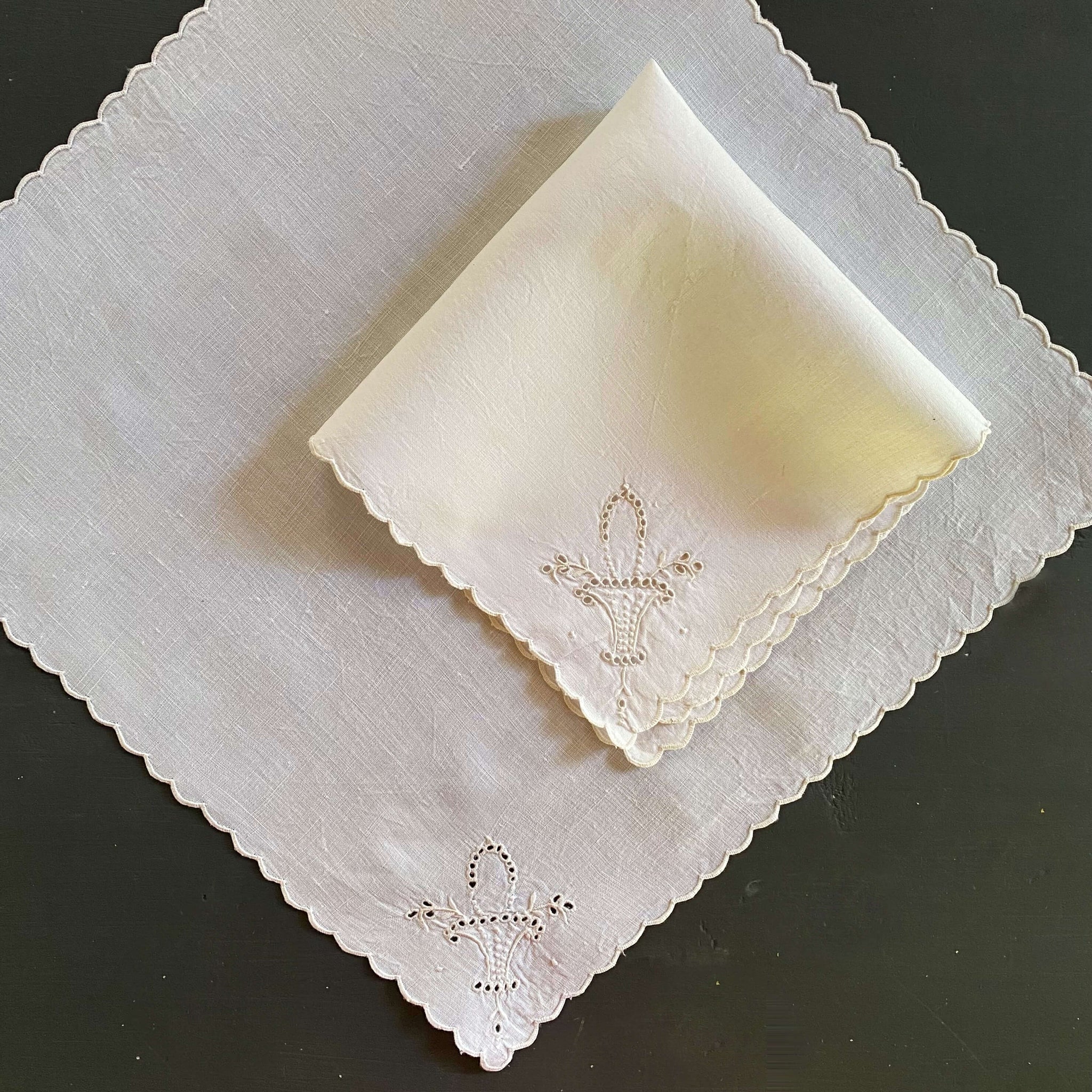 Vintage Linen Cocktail Napkins with Broderie Eyelet Flower Baskets - Set of Two