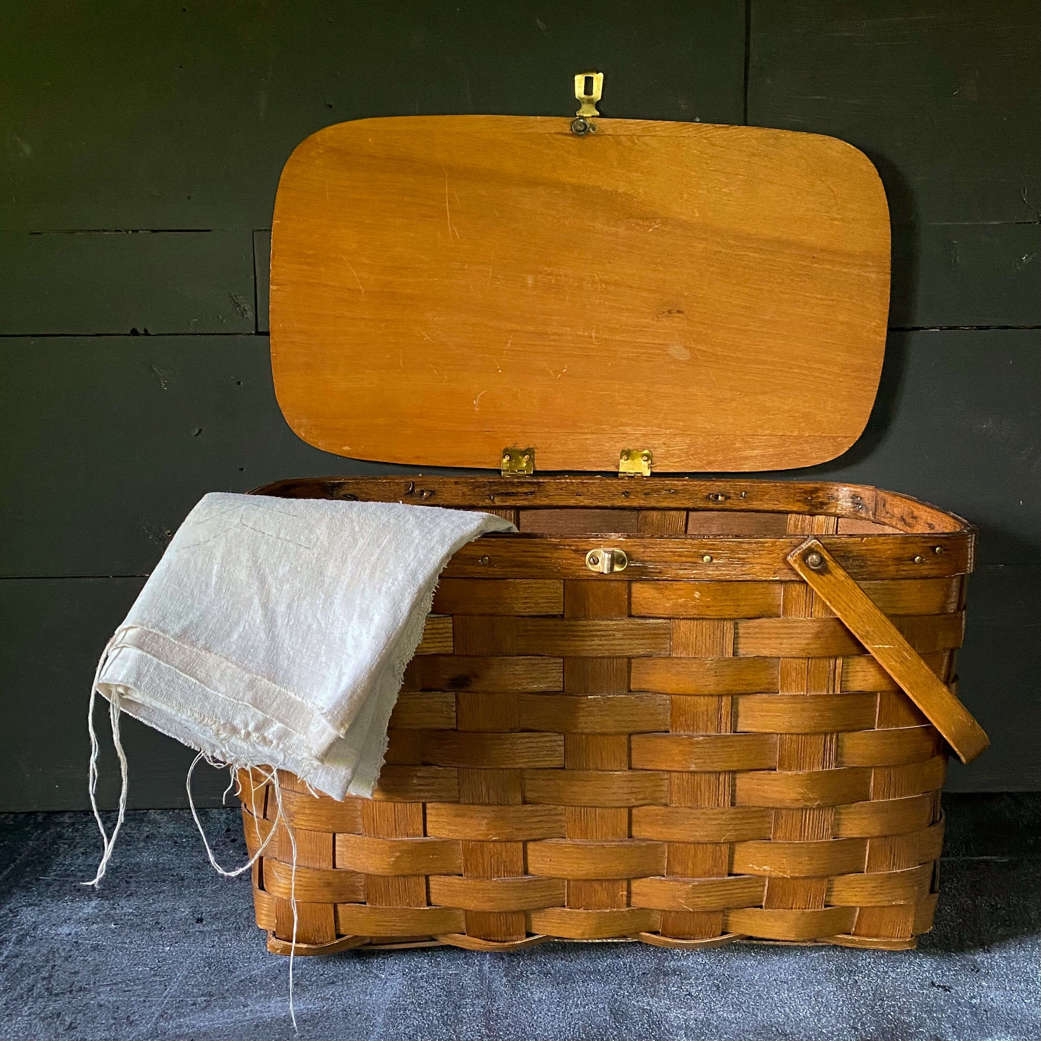 Vintage Large Split Oak Picnic Basket with Brass Latch