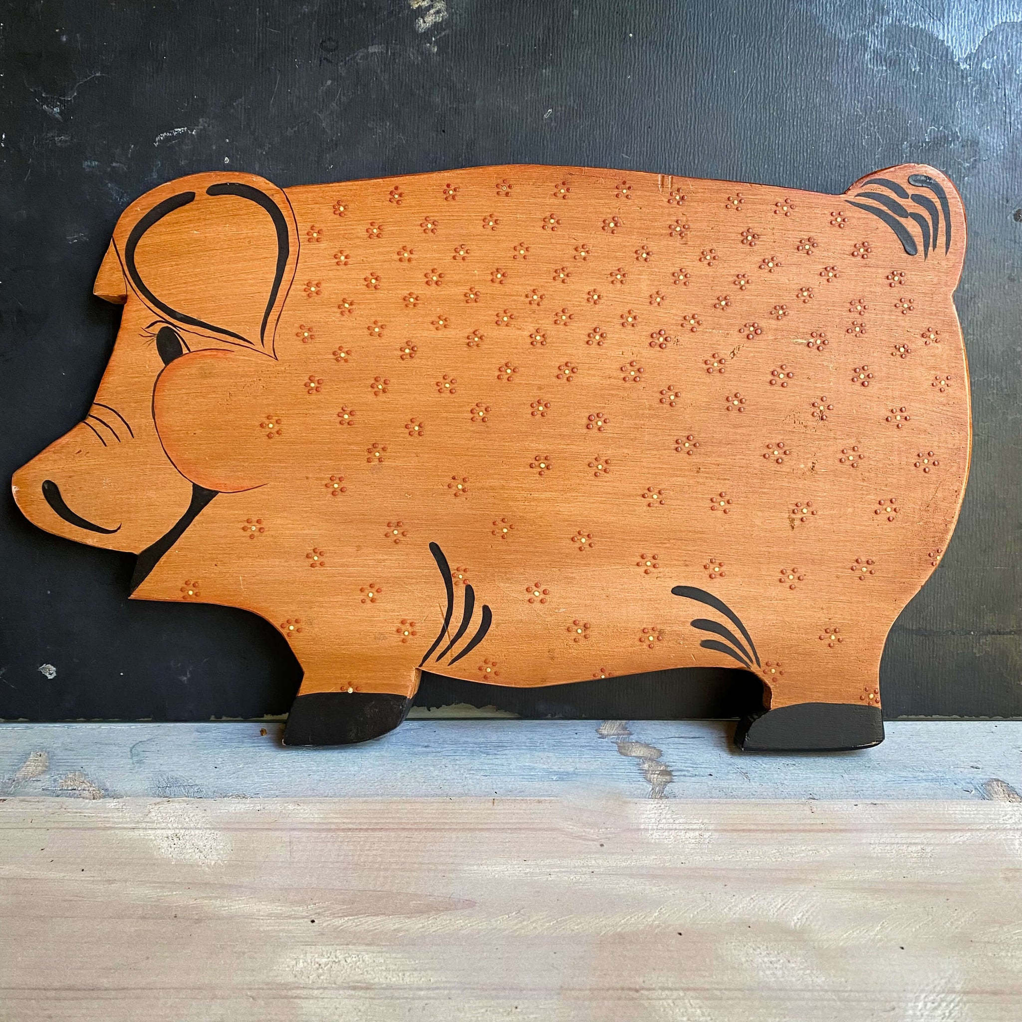 Vintage Handpainted Wood Pig Wall Art circa 1985 - Farmhouse Folk Art