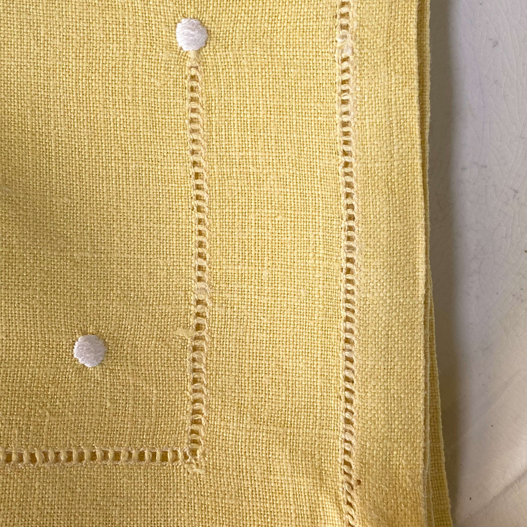 Vintage Yellow Linen Dinner Napkins with White Embroidered Dots - Set of Two