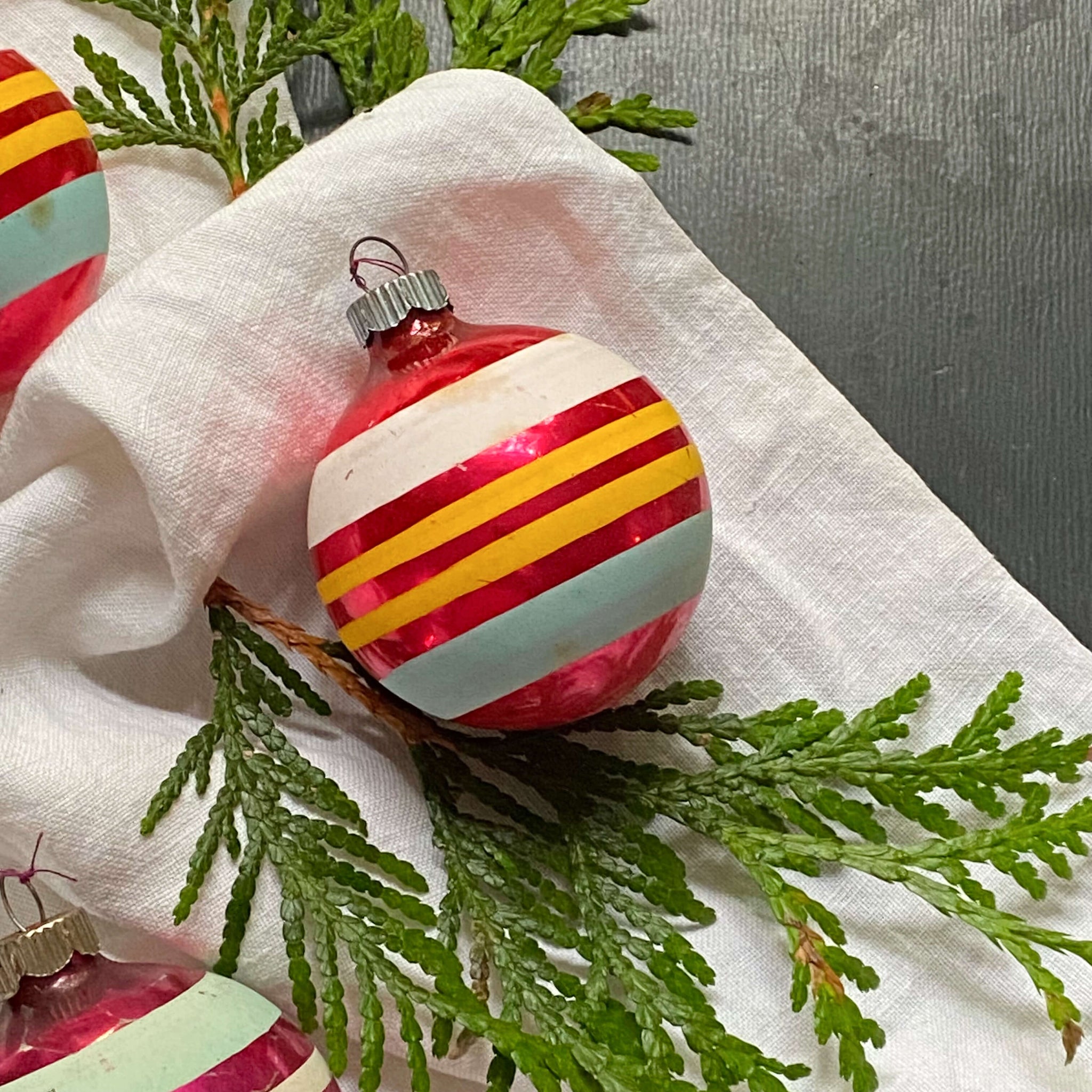 Vintage Shiny Brite Glass Ornaments with Yellow White and Blue Stripes - Set of Three circa 1940s-1950s