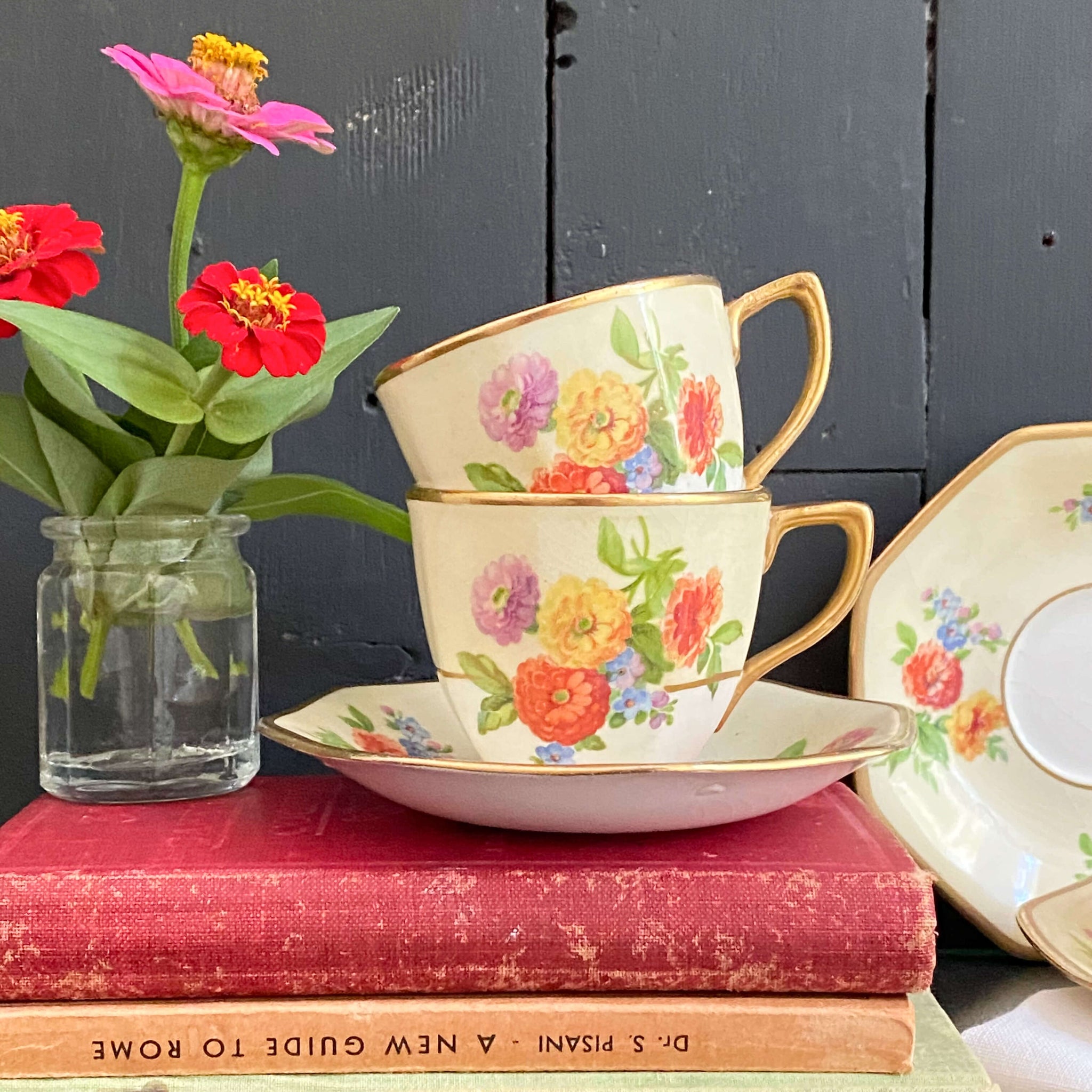 Rare Johnson Bros Floral Demitasse Cups & Saucers with Zinnia Flowers -  Set of Three