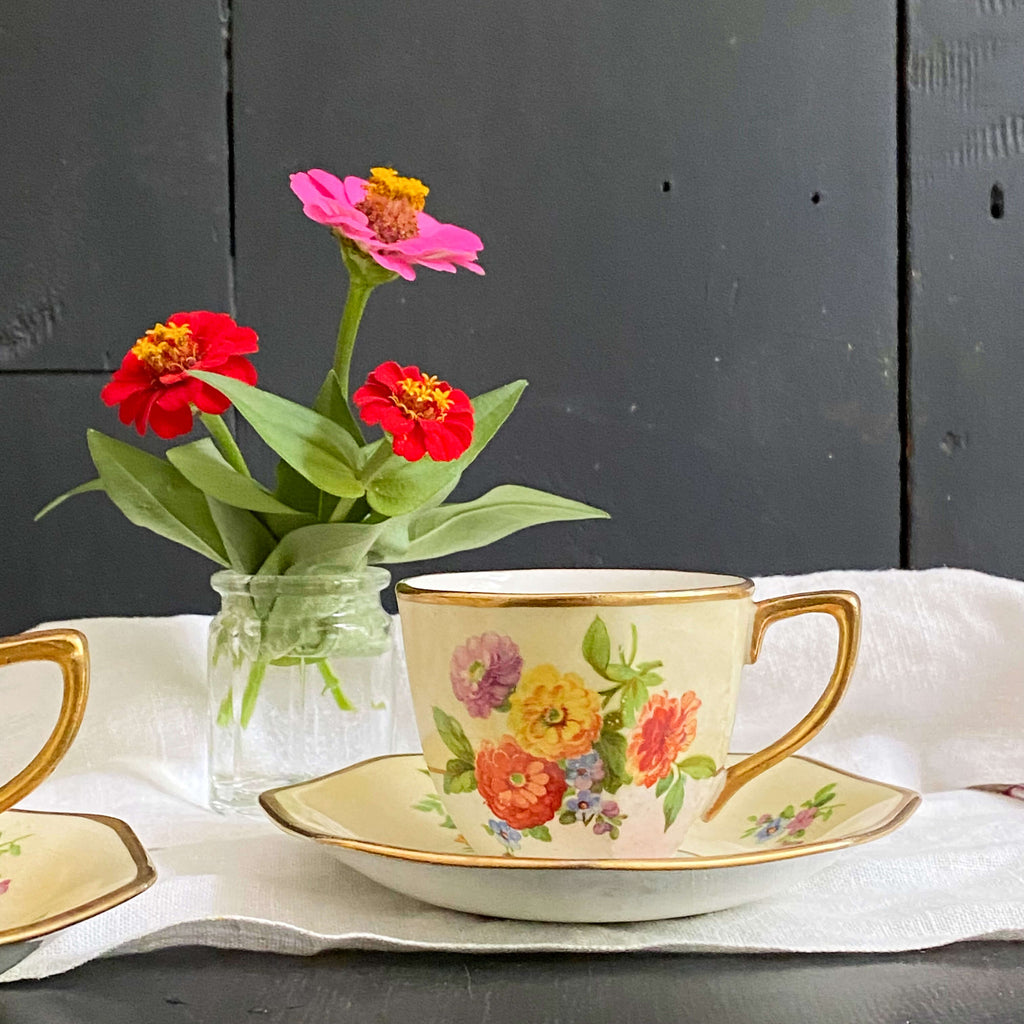 Rare Johnson Bros Floral Demitasse Cups & Saucers with Zinnia Flowers -  Set of Three