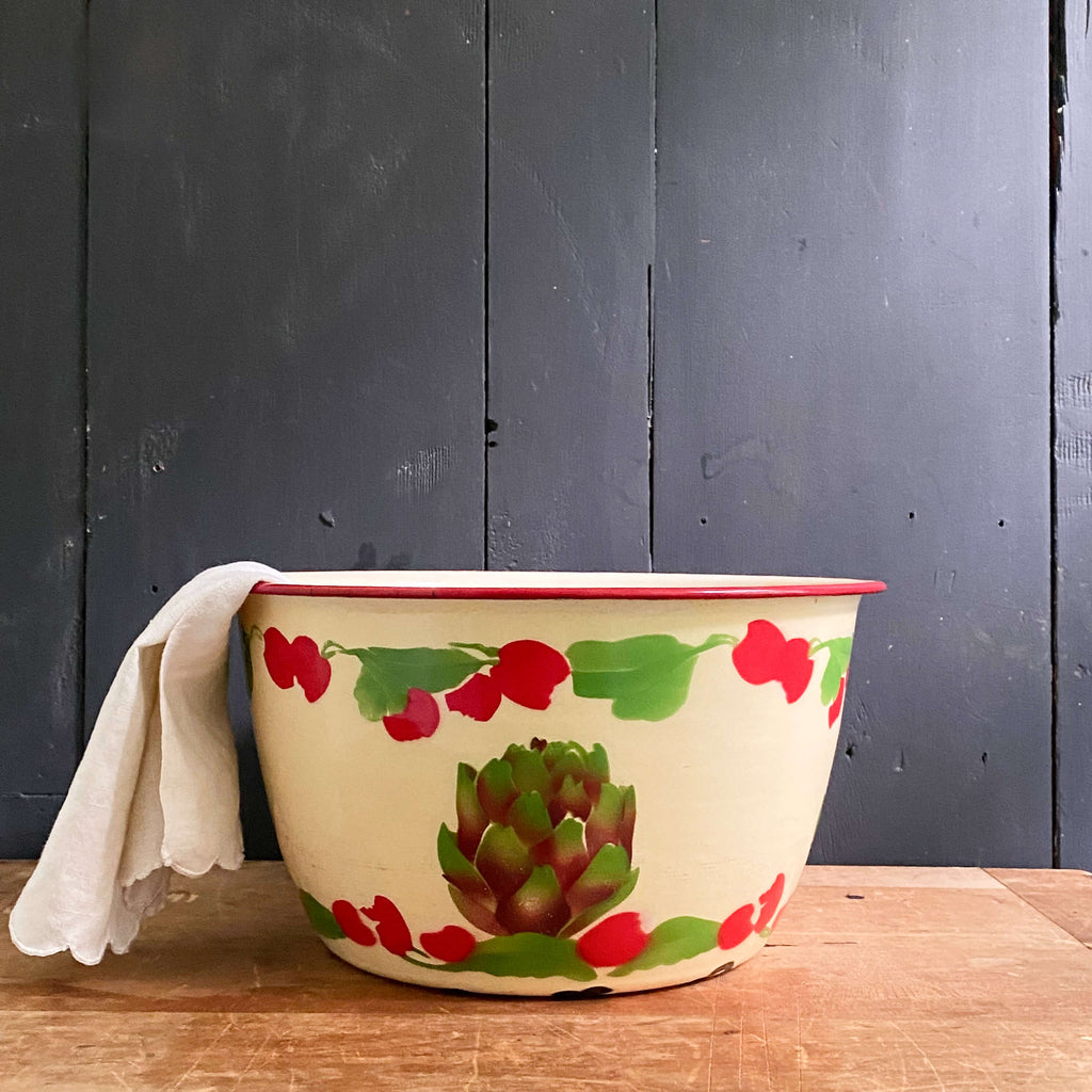 Large Vintage Enamelware Bowl with Artichoke Design
