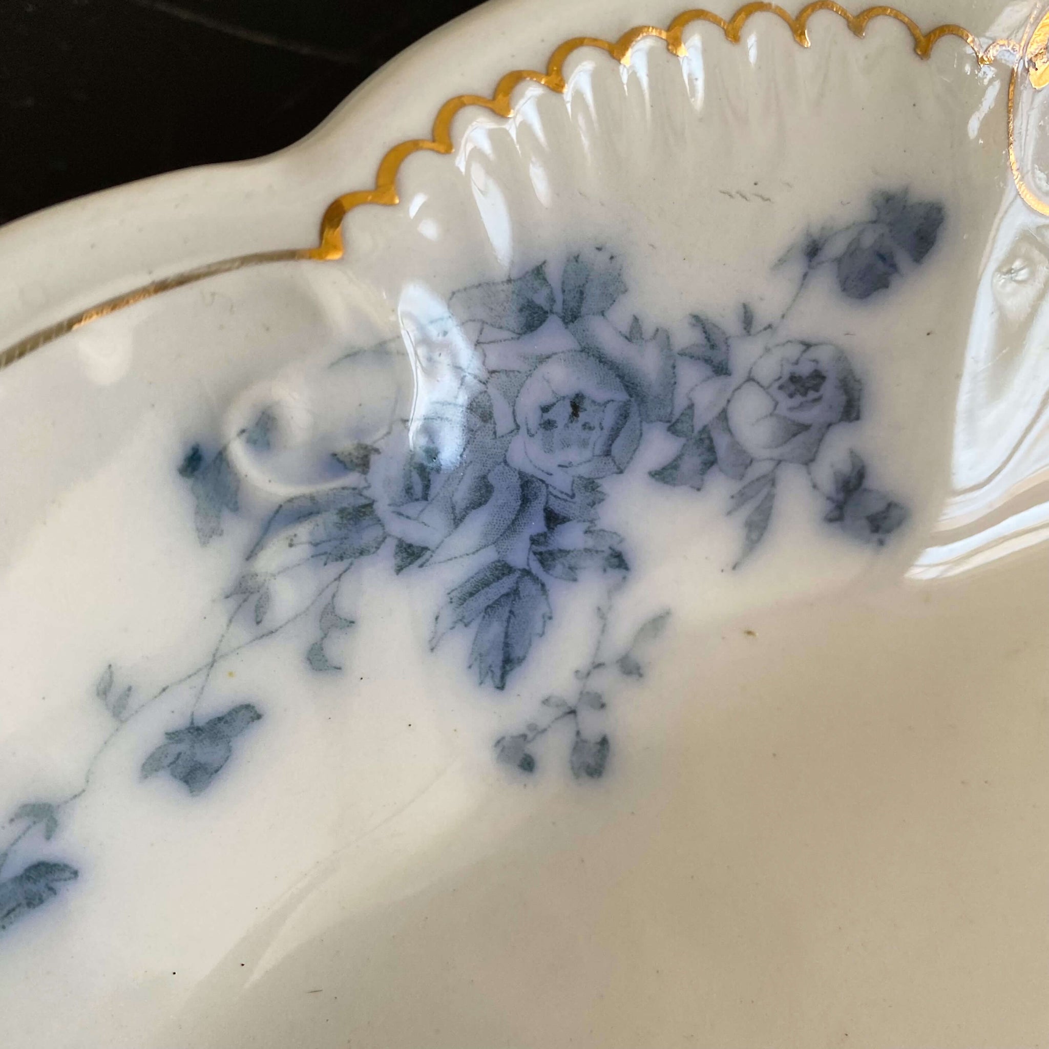 Antique Flow Blue Covered Vegetable Dishes & Platter Set - Marechal Neil by W.H. Grindley circa 1896