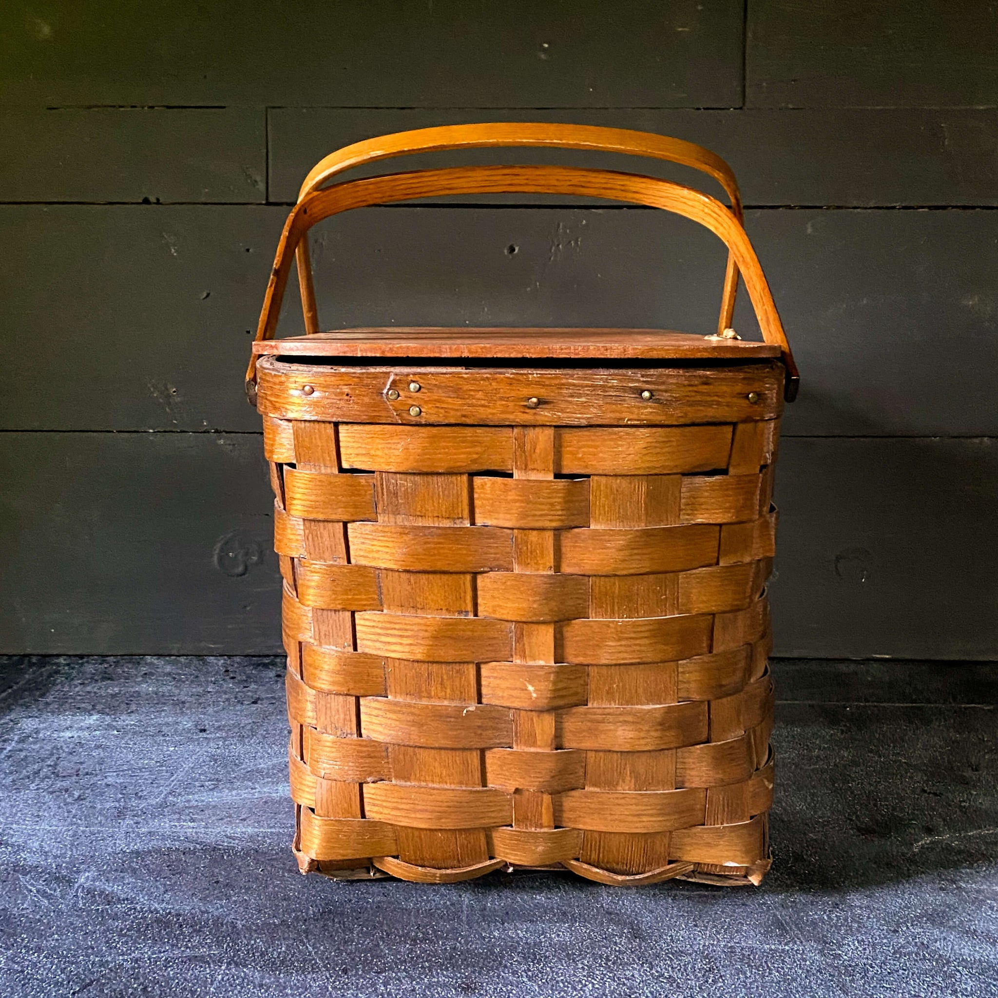 Vintage Large Split Oak Picnic Basket with Brass Latch