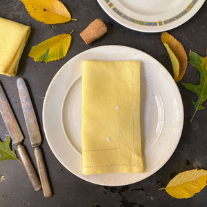 Vintage Yellow Linen Dinner Napkins with White Embroidered Dots